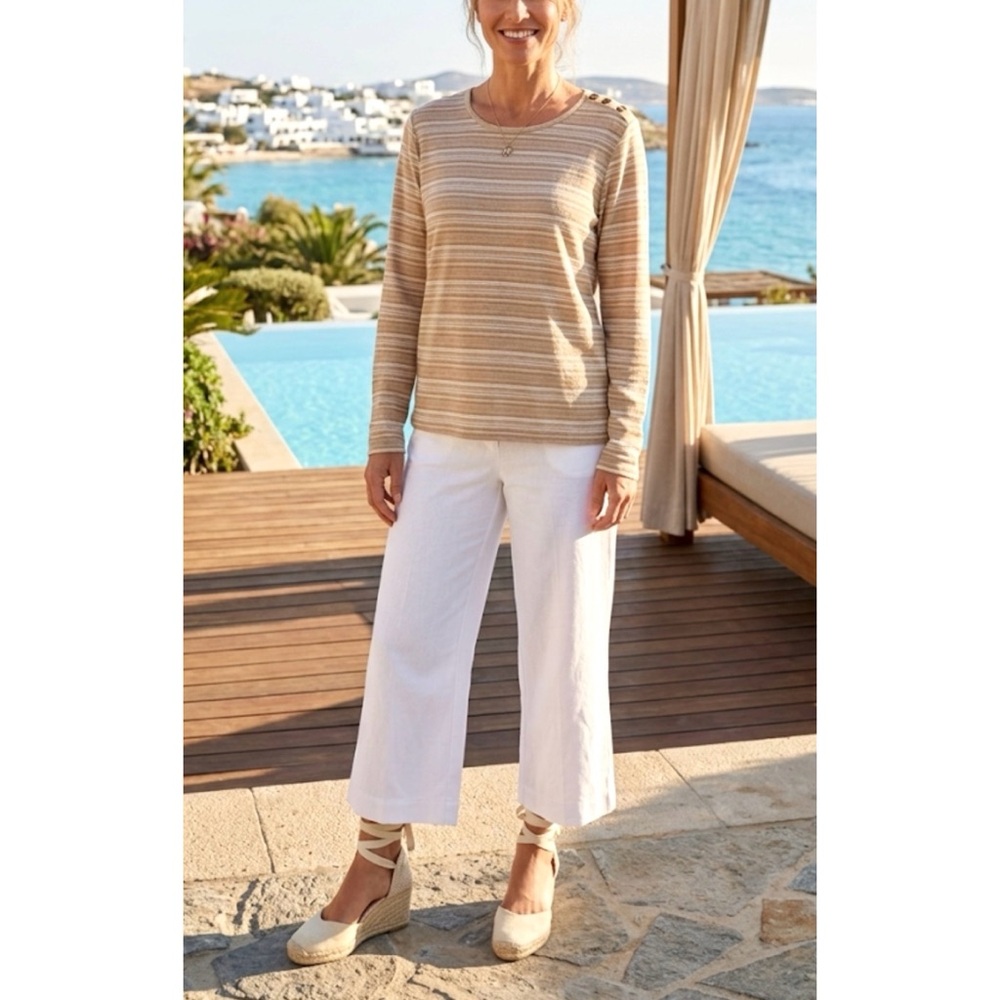 RALPH LAUREN WOMEN BRETON STRIPE COTTON TOP L/XL LOGO BUTTON PREPPY COASTAL CHIC